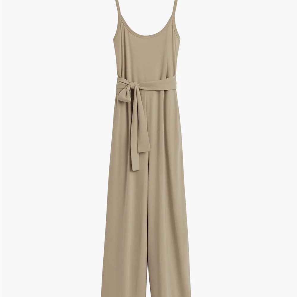 Cuyana Tan V Back Jumpsuit with Spaghetti Straps and Belt